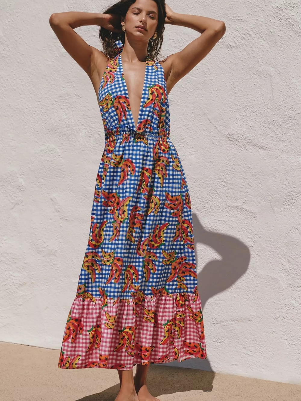 Farm Rio Gingham Banana Print Halter Maxi Dress – Size L